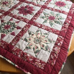 Floral Patchwork Quilt Table Topper Burgundy and Green